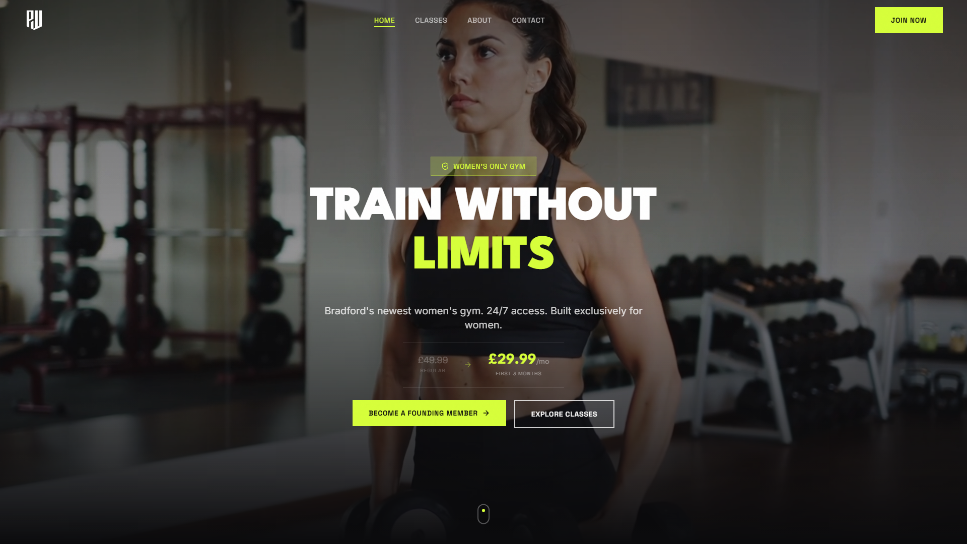 PW Gyms website homepage with bold fitness branding
