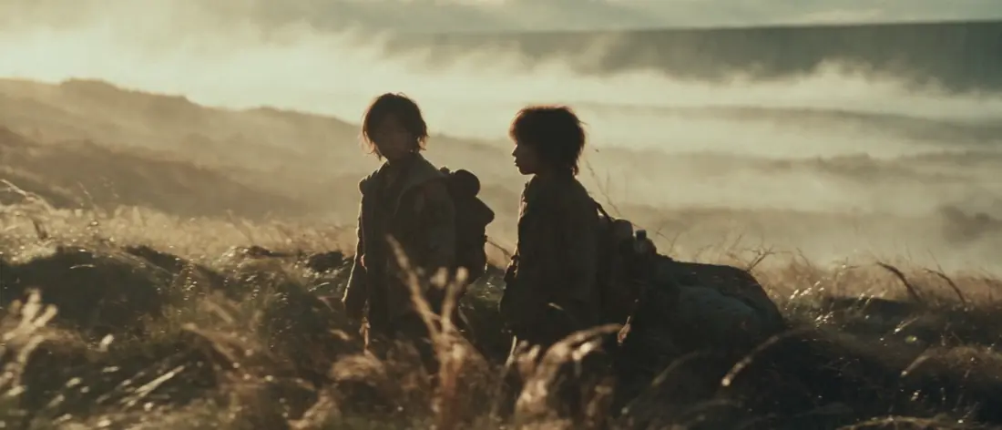 Two boys stand in windswept grass