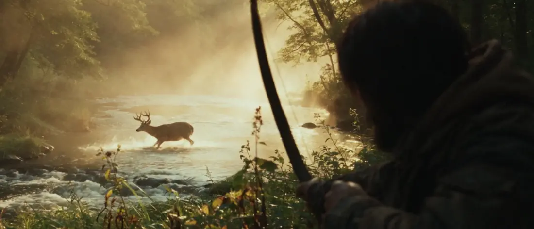 A stag crosses a sunlit stream