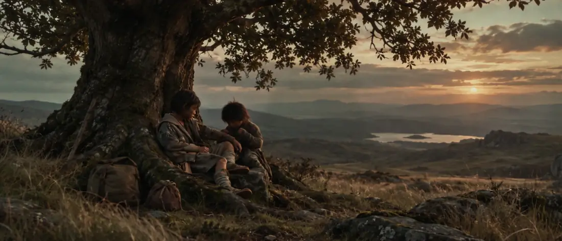 Two boys shelter beneath a tree at sunset