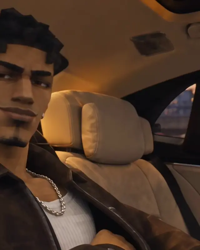 A character lounging in the back of a luxury car
