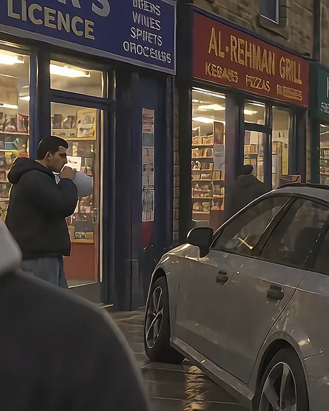 A character outside a Bradford off-licence in the rain